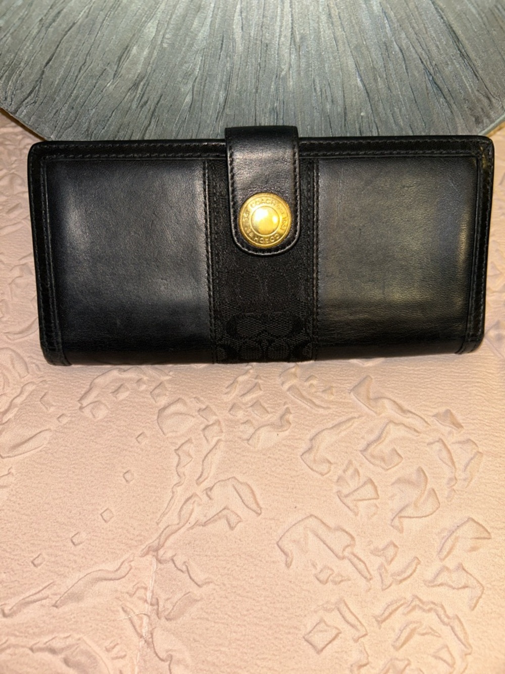 Vintage Coach Black Leather Continental Wallet with Gold-Tone Snap